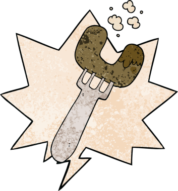 Çizgi film sosisi çatal üzerinde konuşma baloncuğu ile retro doku şeklinde bir insan tarafından çizilmiş.