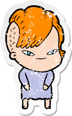 Hipster saç kesimi bir insan tarafından çizilmiş tatlı bir çizgi film kızına ait sıkıntılı bir etiket.