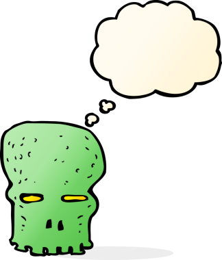 Bir insan tarafından çizilmiş düşünce baloncuklu garip kafatası.