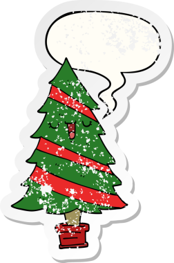 Bir insan tarafından çizilmiş, sıkıntılı, eski bir çıkartma olan, konuşma baloncuklu bir çizgi film Noel ağacı.