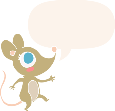 Konuşma baloncuğu olan sevimli çizgi roman faresi bir insan tarafından çizilmiş.