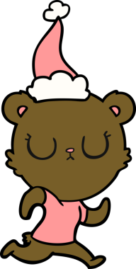 Bir insan tarafından çizilmiş Noel Baba şapkasıyla koşan bir ayının çizimi.