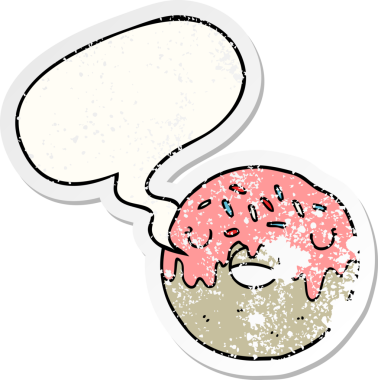 Konuşma baloncuklu çizgi film donutu bir insan tarafından çizilmiş sıkıntılı eski bir çıkartma