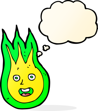 Bir insan tarafından çizilmiş düşünce baloncuklu çizgi film arkadaşı alev topu.