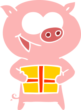 Bir insan tarafından çizilmiş Noel hediyeli neşeli bir domuz.