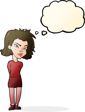 Bir insan tarafından çizilmiş düşünce baloncuğu olan çizgi film kadını.