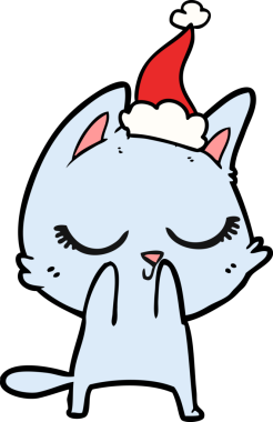 Sakin bir el çizimi çizimi. Noel Baba şapkası takan bir kedi. Bir insan tarafından çizilmiş.