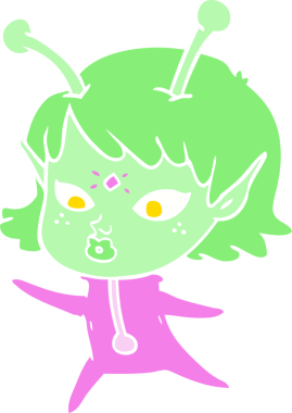 Bir insan tarafından çizilmiş düz renk çizgi film uzaylı kızı.