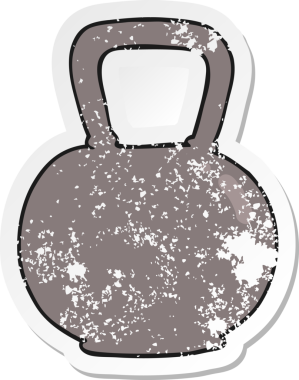 Çizgi filmin gerilemiş çıkartması. Bir insan tarafından çizilmiş çaydanlık çanı ağırlığı.