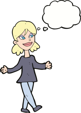 Bir insan tarafından çizilen düşünce baloncuğu ile ilgili endişesi olmayan çizgi film kadını.