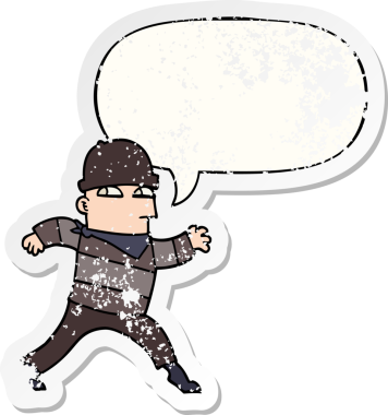 Konuşma baloncuğu olan çizgi film hırsızı bir insan tarafından çizilmiş sıkıntılı eski bir çıkartma