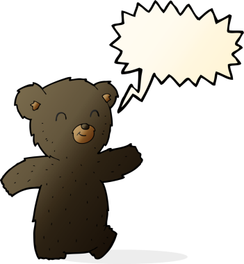 Bir insan tarafından çizilmiş konuşma balonu olan sevimli çizgi film kara ayısı.