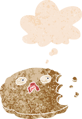 Isırılmış karikatür çerezi ve grunge içinde düşünce balonu bir insan tarafından çizilmiş sıkıntılı retro dokuma tarzı