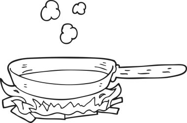 Bir insan tarafından çizilmiş siyah beyaz çizgi film kızartma tavası.