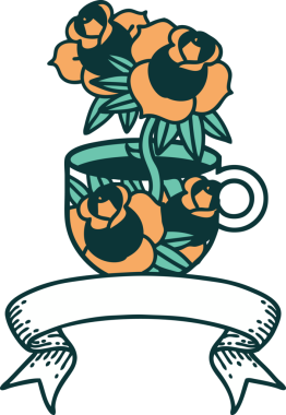 Geleneksel dövmeli bir kupa ve bir insan tarafından çizilmiş çiçekler.