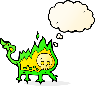 Bir insan tarafından çizilmiş düşünce baloncuğu olan küçük ateş şeytanı.