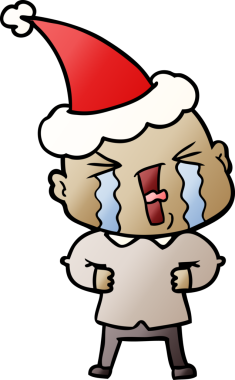 Ağlayan, kel, Noel Baba şapkası takan bir adamın insan tarafından çizilmiş el çizimi karikatürü.