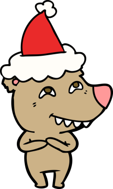 Bir insan tarafından çizilmiş Noel Baba şapkası giyen bir ayının el çizimi.