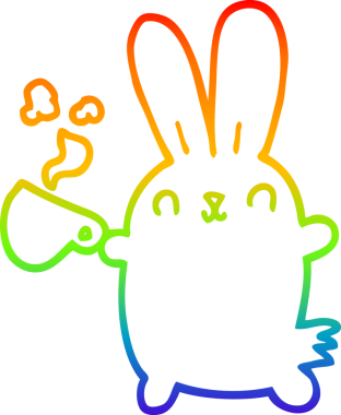 Gökkuşağı gradyan çizgisi üzerinde bir insan tarafından çizilmiş kahve fincanı olan sevimli bir tavşan çizimi