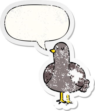 Konuşma baloncuğu olan çizgi film kuşu, bir insan tarafından çizilmiş sıkıntılı eski bir çıkartma.