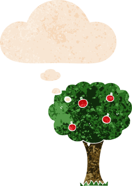 Düşünce baloncuğu ile çizgi film elma ağacı grunge sıkıntılı retro desen bir insan tarafından çizilmiş