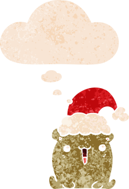 Hoş bir çizgi film ayısı. Düşünce baloncuğuyla Noel şapkası takıyor. Grunge 'da sıkıntılı bir retro tarzı var.