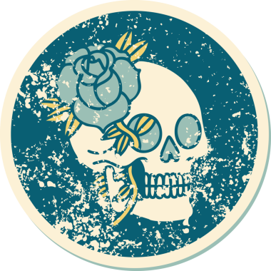 Bir insan tarafından çizilmiş kafatası ve gülün sembolik dövmeli görüntüsü.