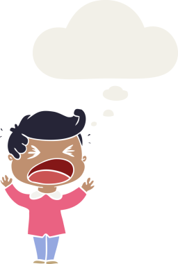 Düşünce baloncuğu olan bağıran bir karikatür insan tarafından çizilmiş.