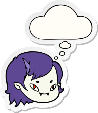 Bir insan tarafından çizilmiş bir çıkartma gibi düşünce balonlu vampir kız yüzü.