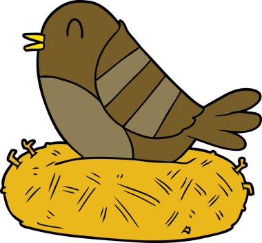 Bir insan tarafından çizilmiş yuvadaki çizgi film kuşu.