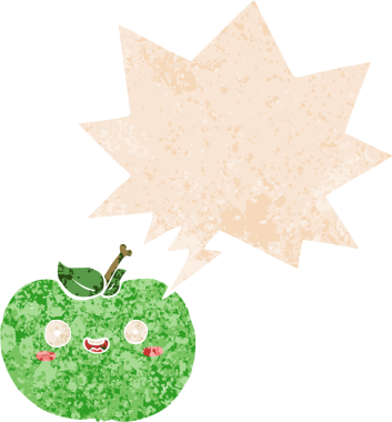 grunge ile konuşma balonu ile çizgi film elma sıkıntılı retro stil bir insan tarafından çizilmiş