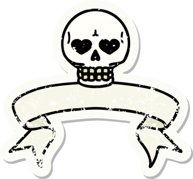 Bir insan tarafından çizilmiş kafatasının pankartıyla eski bir etiket.