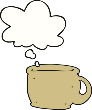 Bir insan tarafından çizilmiş düşünce baloncuklu kahve fincanı.