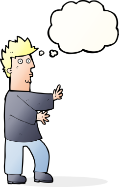 Bir insan tarafından çizilmiş düşünce baloncuğuyla el sallayan sinirli bir adam.