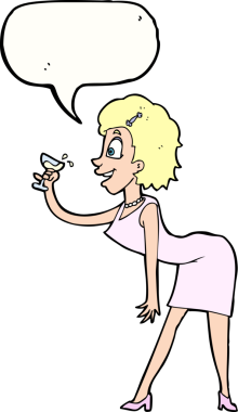 Bir insan tarafından çizilmiş, içki içen bir karikatür kadını.