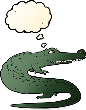 Bir insan tarafından çizilmiş düşünce baloncuklu timsah çizgi filmi.