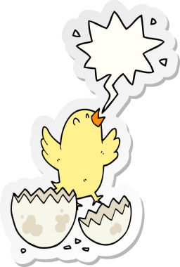 Bir insan tarafından çizilmiş konuşma kabarcığı çıkartmasıyla yumurtadan çıkan çizgi film kuşu.