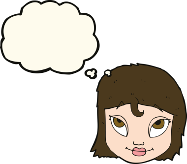 Bir insan tarafından çizilmiş düşünce baloncuğuyla gülümseyen çizgi film kadını.