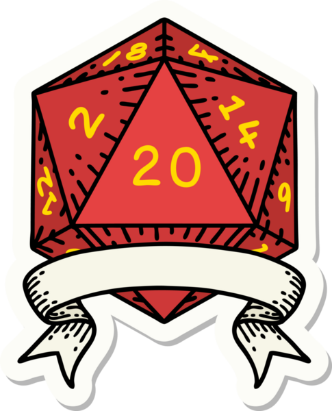 Bir insan tarafından çizilmiş 20 kritik vuruşluk D20 zar etiketi.