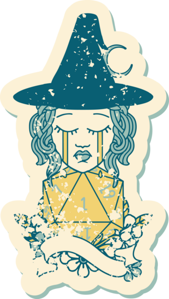 Retro Dövme Tarzı İnsan Cadısı. Bir insan tarafından çizilmiş doğal bir D20 rulosu.