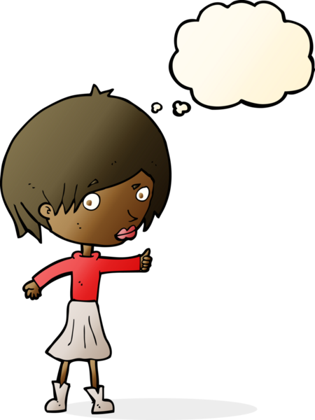 Bir insan tarafından çizilmiş düşünce baloncuğuyla kaşlarını kaldıran çizgi film kadını.