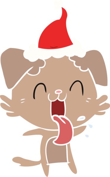 Bir insan tarafından çizilmiş, nefes nefese kalmış, Noel Baba şapkası takan bir köpeğin el çizimi.