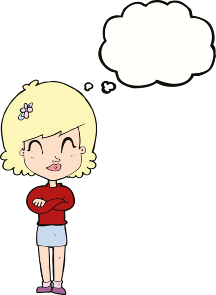 Bir insan tarafından çizilmiş düşünce balonuyla kollarını kavuşturmuş mutlu bir kadın çizgi filmi.