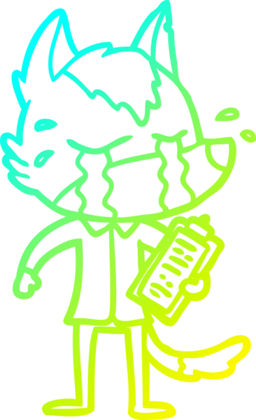 Bir insan tarafından çizilmiş iş kıyafetleri içinde ağlayan kurt çizgi filmi çizimi.