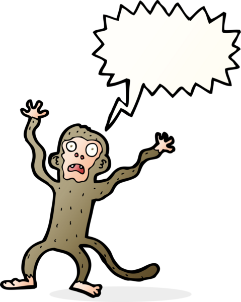 Bir insan tarafından çizilmiş konuşma balonlu ürkek maymun.