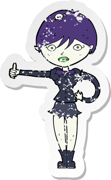 Bir insan tarafından çizilmiş baş parmağıyla işaret veren vampir bir kızın gerilimli çıkartması.