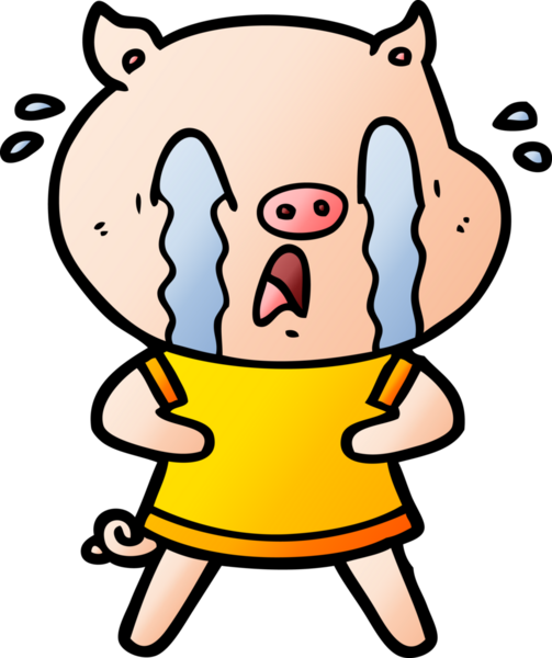 Bir insan tarafından çizilmiş insan kıyafetleri içinde ağlayan domuz çizgi filmi.