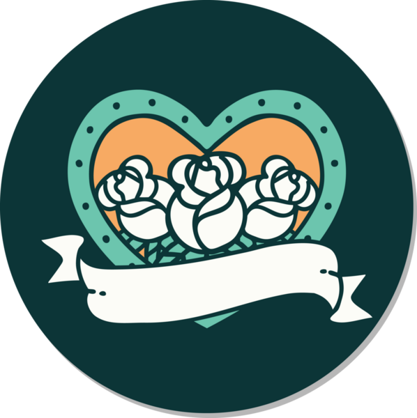 Geleneksel kalp stili dövme çıkartması ve bir insan tarafından çizilmiş çiçekli pankart.