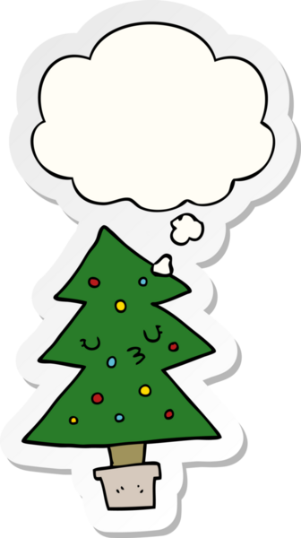Düşünce baloncuğu insan tarafından çizilmiş bir çıkartma olan karikatür Noel ağacı.