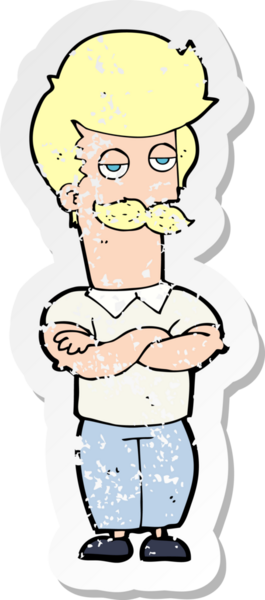 Çizgi film bıyıklı kaslı bir adamın insan tarafından çizilmiş gerilimli çıkartması.